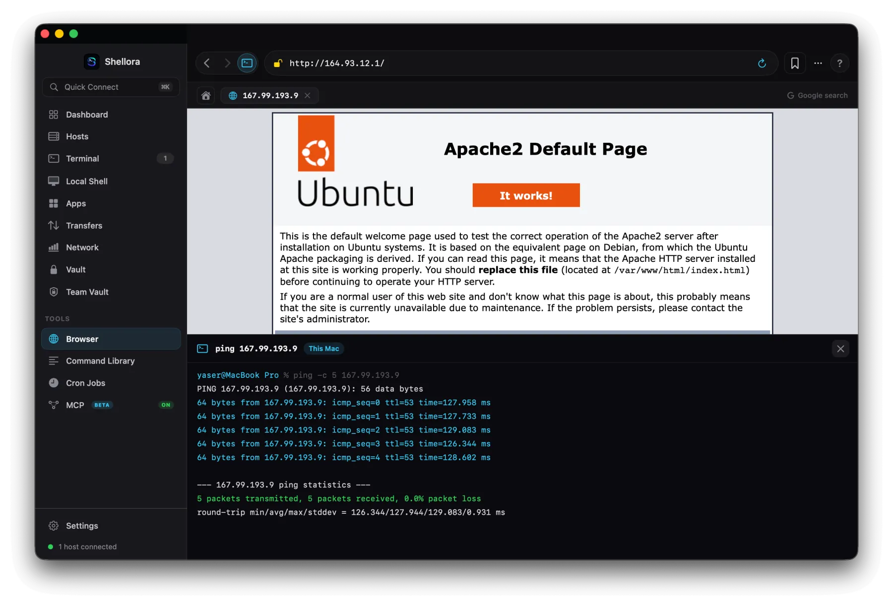 Built-in browser with SSH port forwarding and a ping terminal