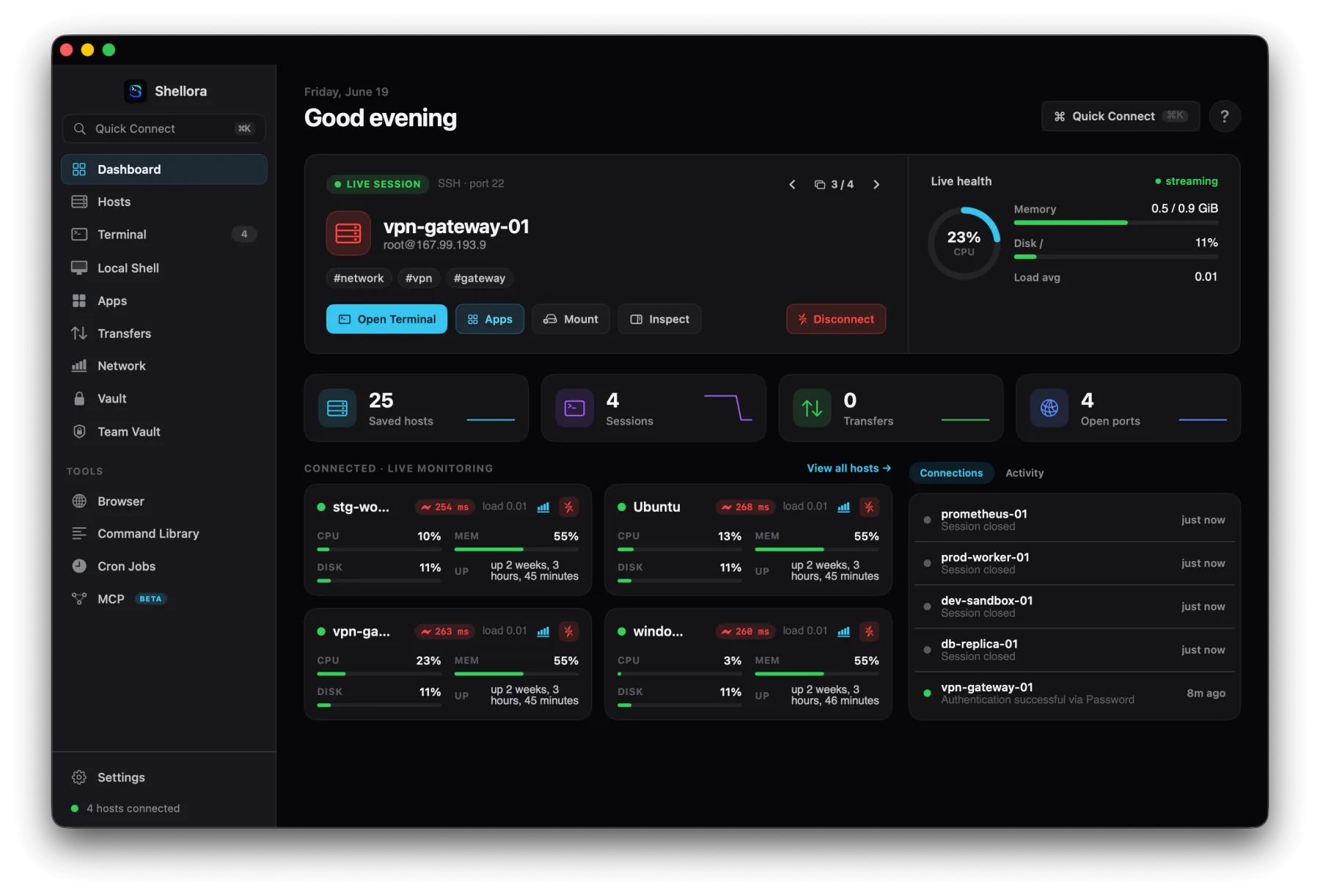 Shellme for macOS dashboard with live session, health metrics and connected hosts