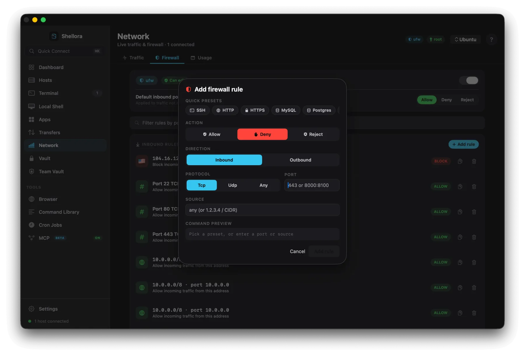 Add firewall rule dialog with presets, action and command preview