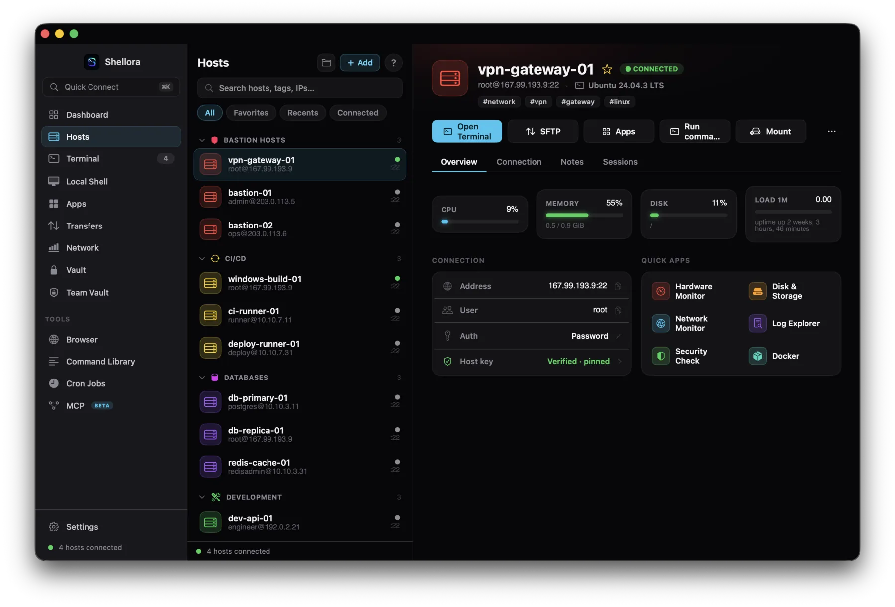 Host management with grouped servers, connection details and quick apps
