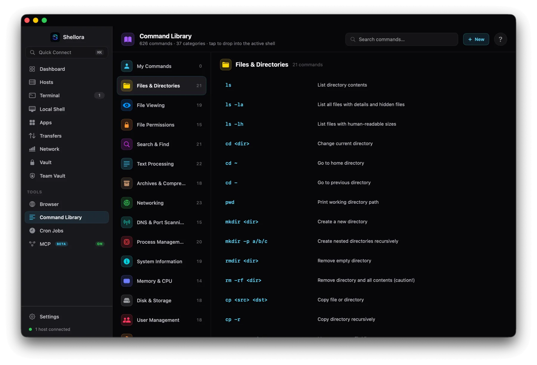 Command library with 626 commands across 37 categories