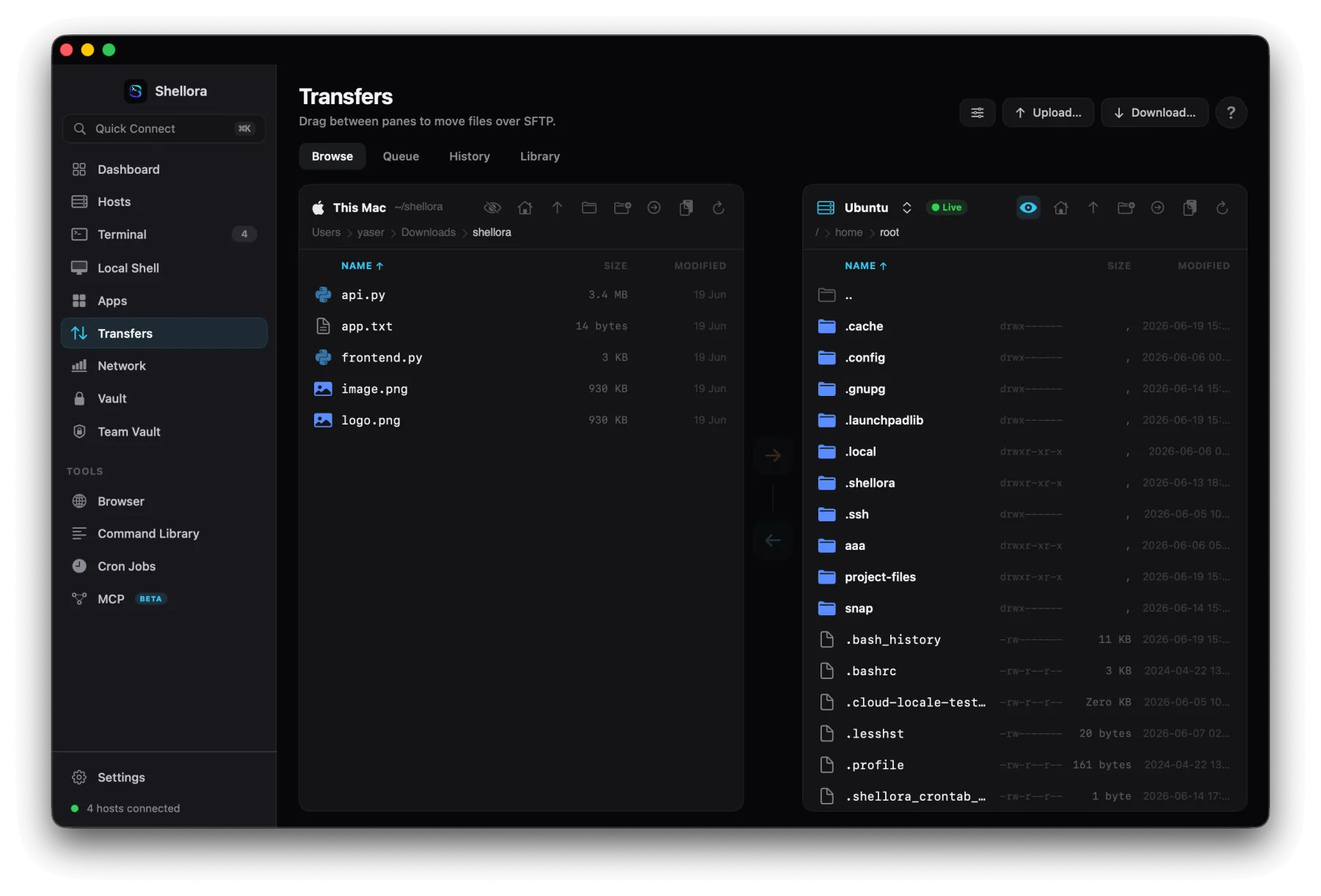 Two-pane SFTP file manager with local Mac and remote server
