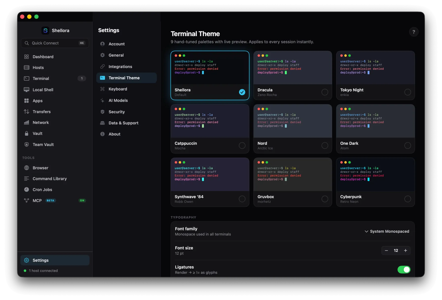 Terminal theme picker with nine palettes and typography settings