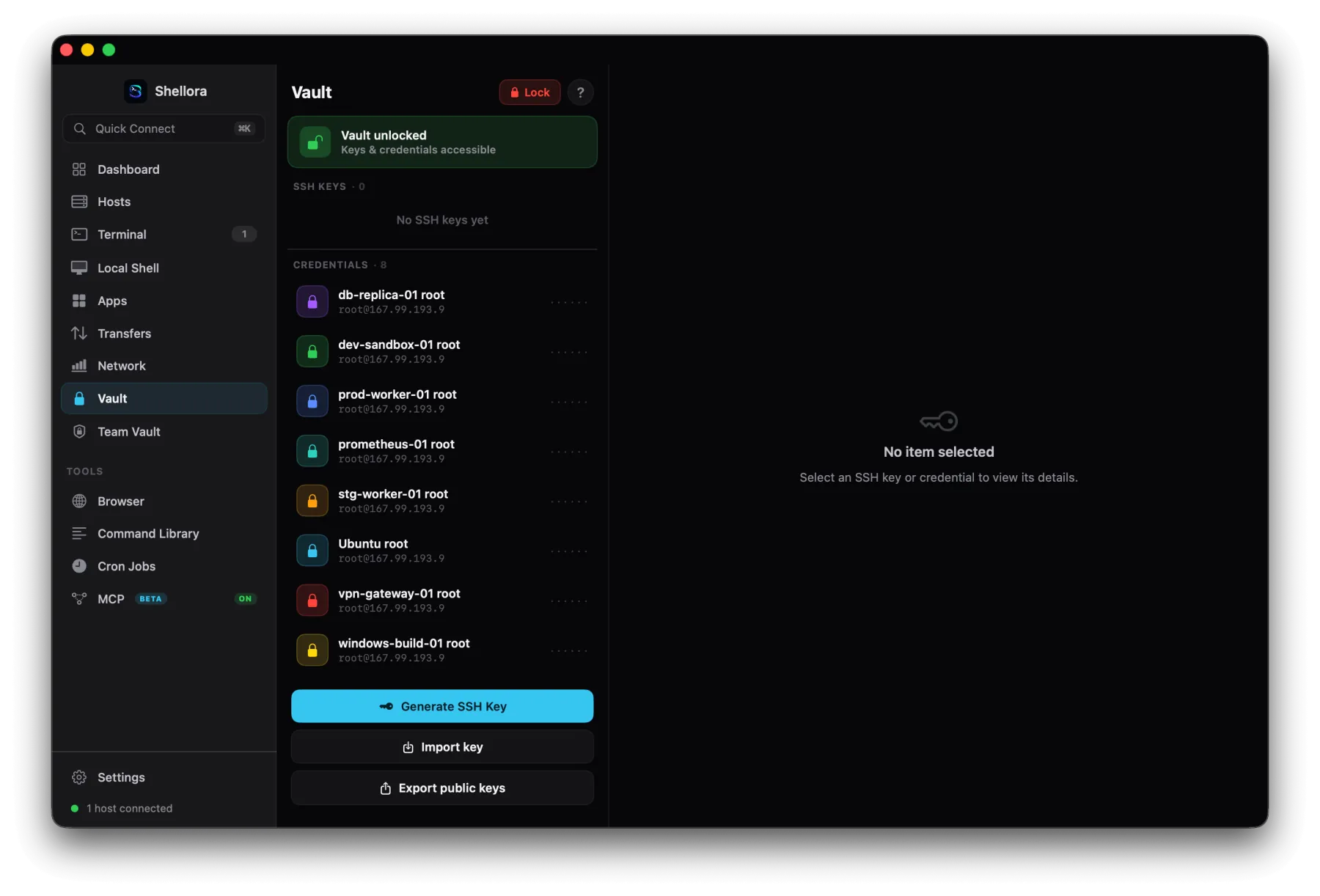 Vault with stored SSH credentials, unlocked